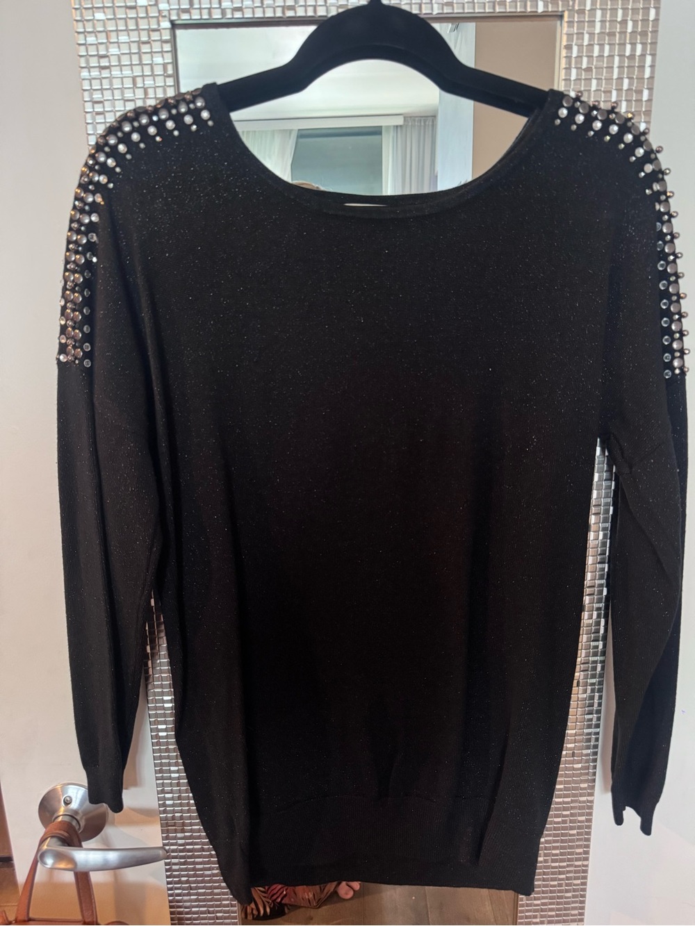 Black Sparkle Sweater with gem & Stud Shoulder Detail